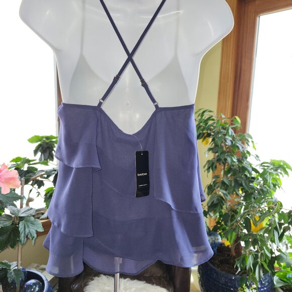 25270 NWT!!  BEBE Tiered Asymmetrical Ruffle Cami Tank in Navy Blue- XXS - Picture 4 of 10